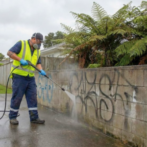 Graffiti removal service. Worker power washing graffiti from a wall; building and property maintenance illustration.